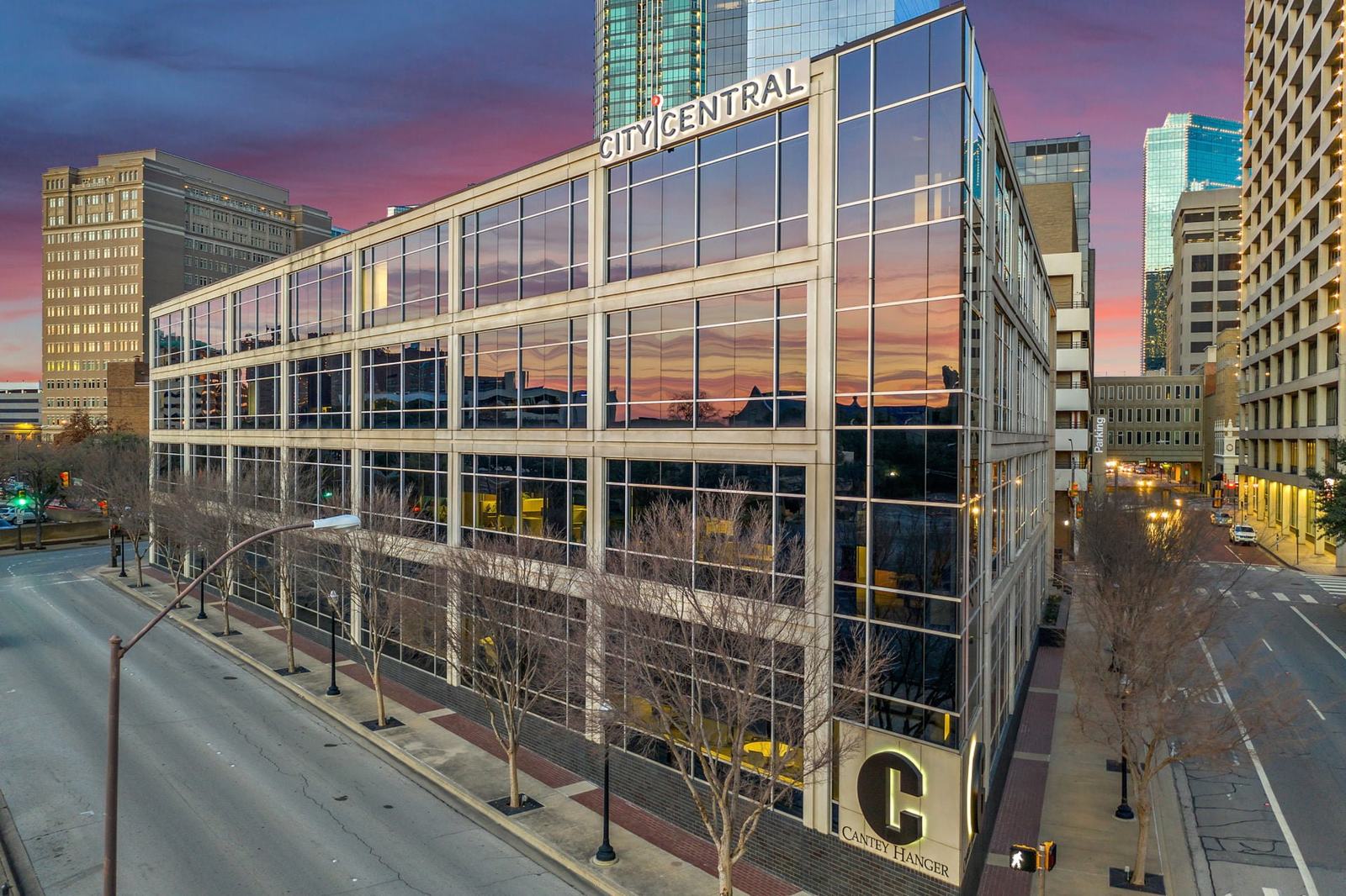 Glass office tower at twilight, Fort Worth
