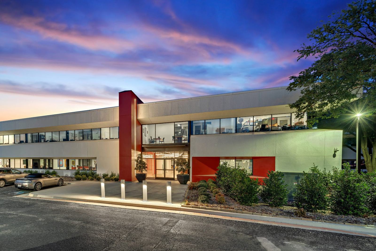 Mid-century office building at sunset