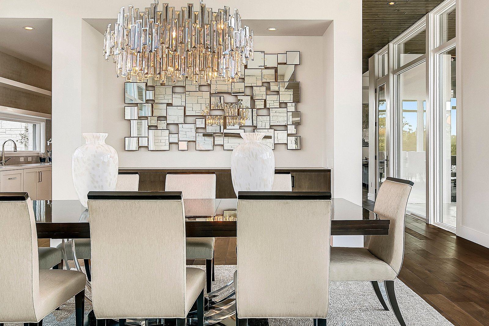Dining room with a sculptural chandelier