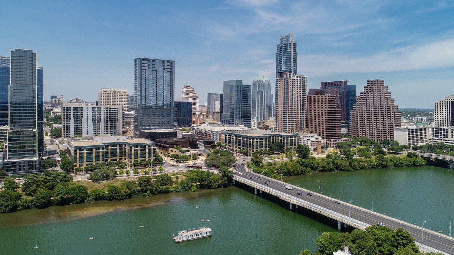 Downtown Austin skyline and Lady Bird Lake from the air